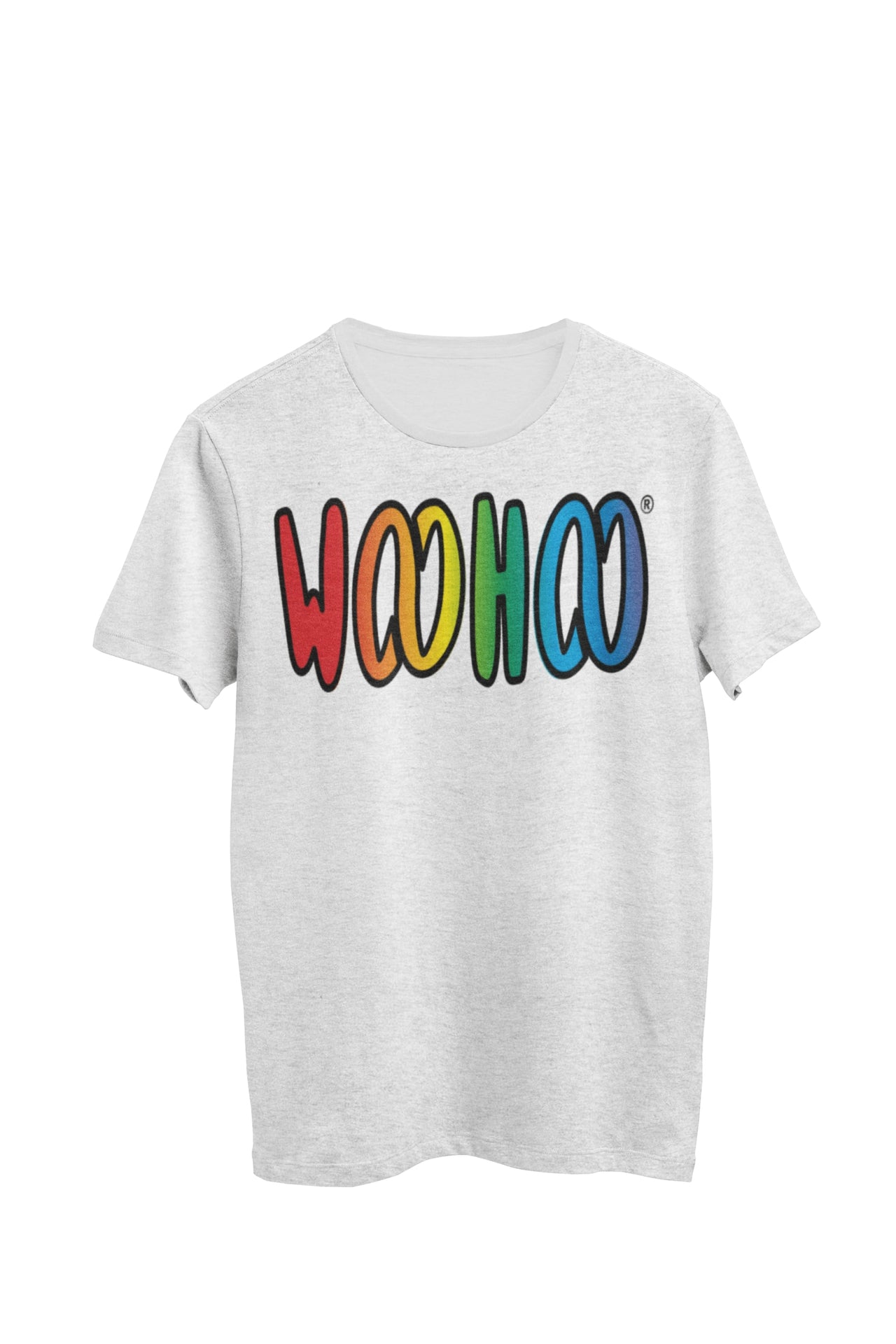 Heather gray unisex t-shirt designed by WooHoo Apparel. The design features a larger 'woohoo' font with rainbow colors inside the outline.