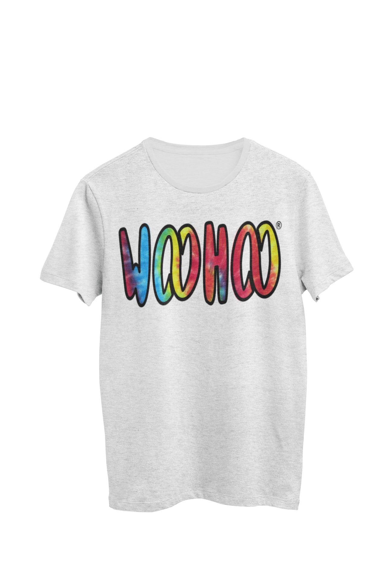 Heather gray unisex t-shirt designed by WooHoo Apparel. The design features a larger 'woohoo' font with tie-dye inside the outline, called Aerial..