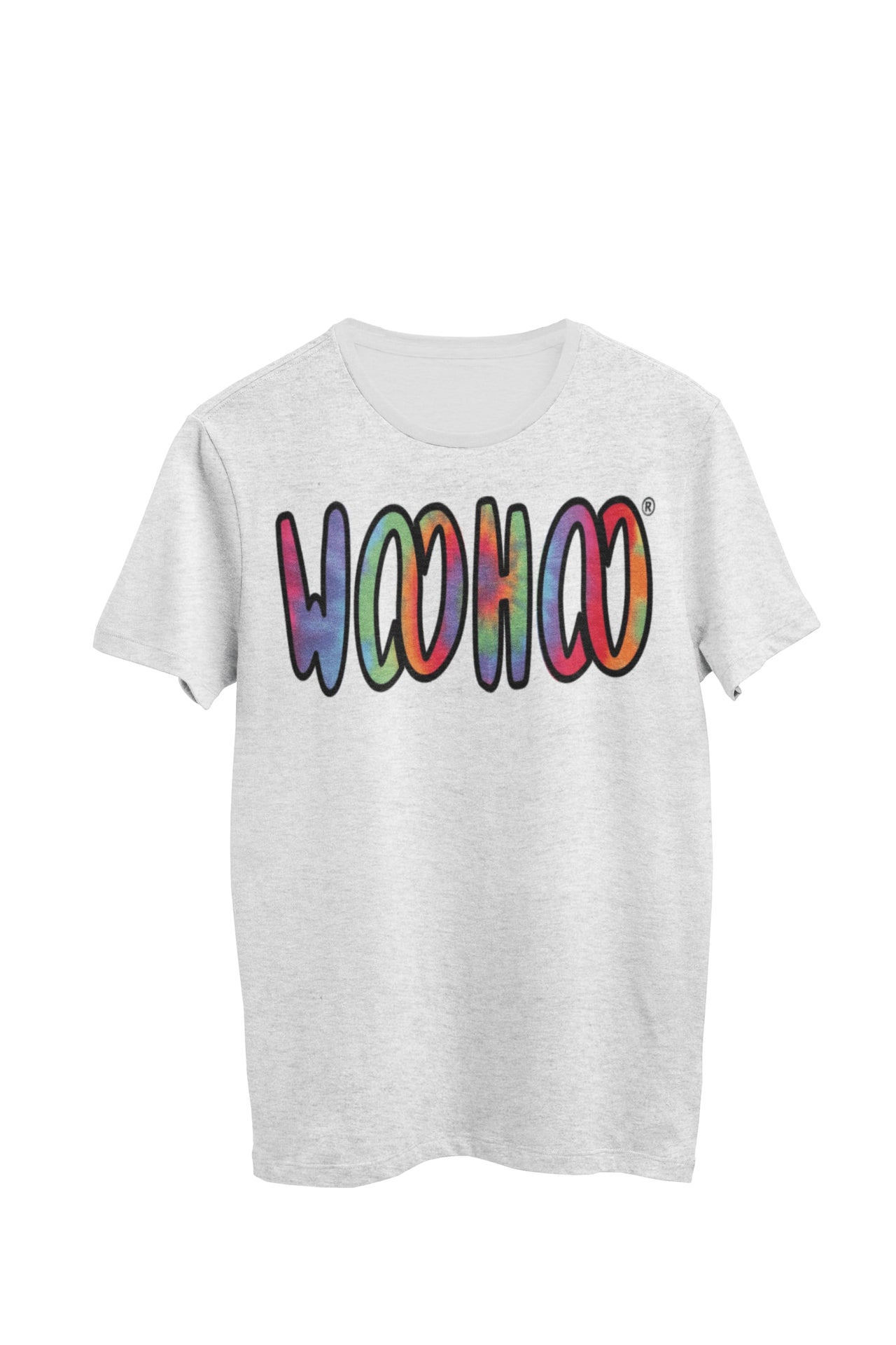 Heather gray unisex t-shirt designed by WooHoo Apparel. The design features a larger 'woohoo' font with tie-dye inside the outline, called pastel.
