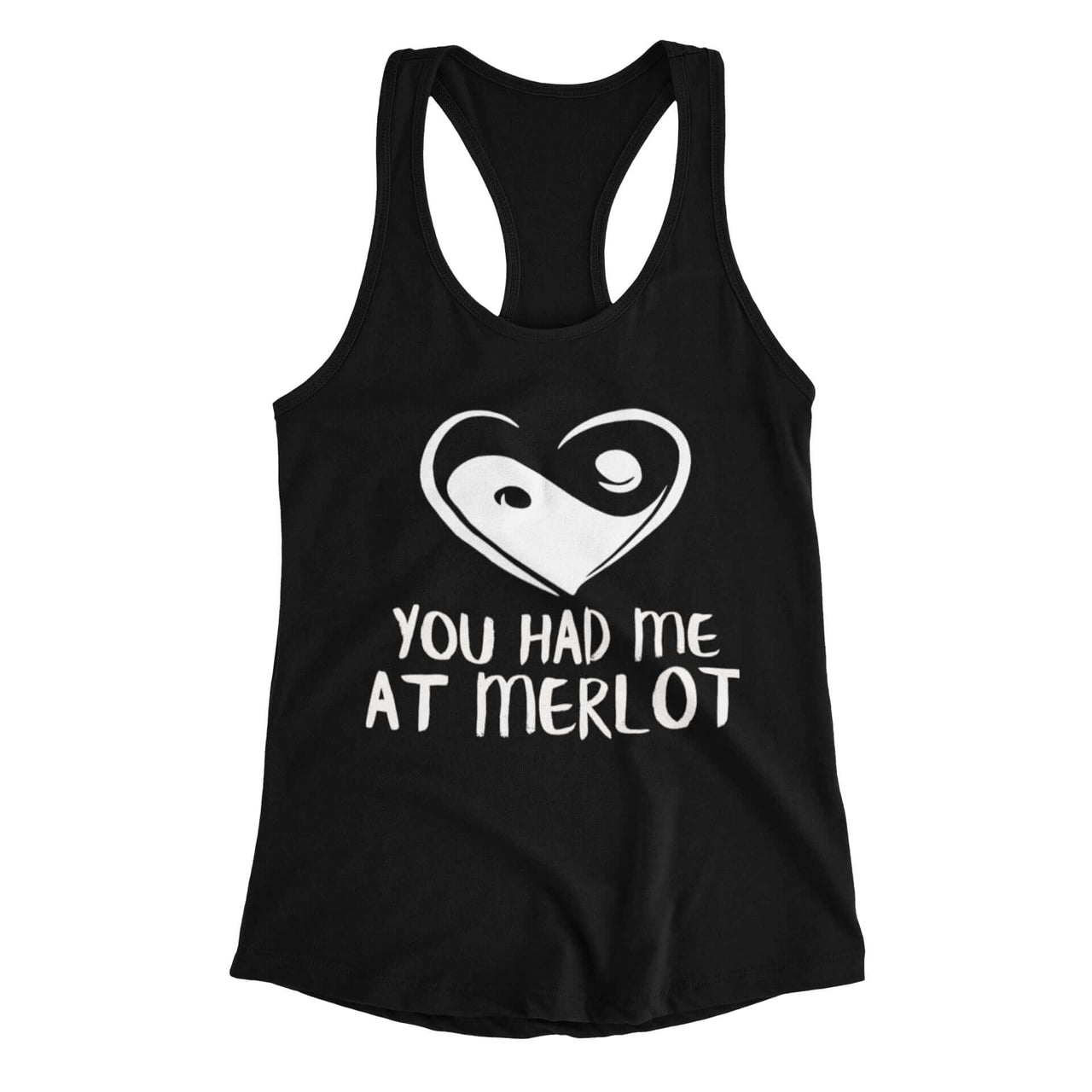 Racerback Shirt with heart yin yang symbol and text 'you had me at merlot,' designed by WooHoo Apparel."