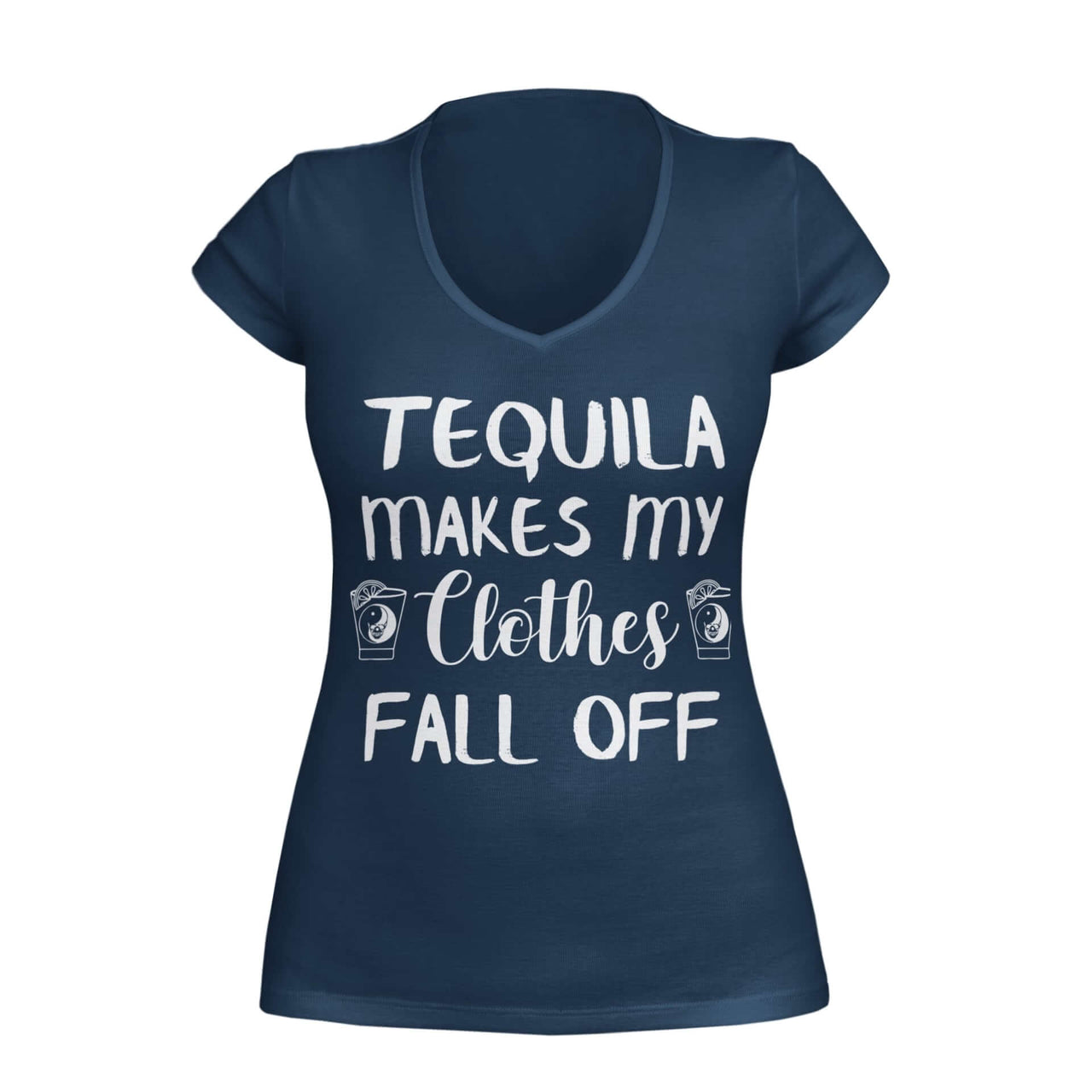 Navy VNeck T-shirt featuring the text 'Tequila makes my clothes fall off,' accompanied by an image of a shot glass with a yin yang symbol on each side of the words. Designed by WooHoo Apparel.