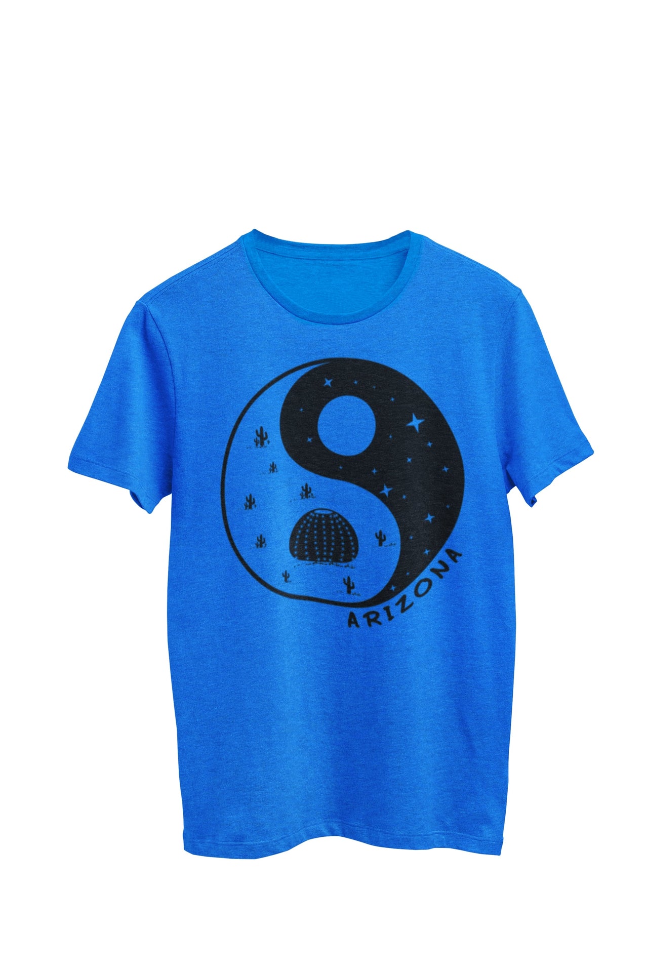 Royal blue heather unisex t-shirt featuring a Yin and Yang symbol with drawings of cacti in night and day. Designed by WooHoo Apparel