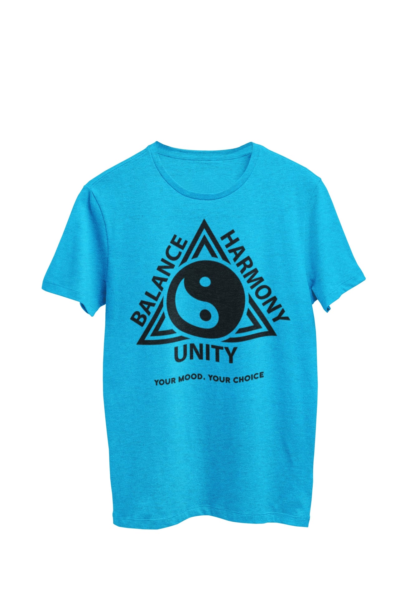 Light blue heather unisex t-shirt featuring the text 'Balance, Harmony, and Unity' written around a triangle outside a Yin Yang symbol. Designed by WooHoo Apparel.