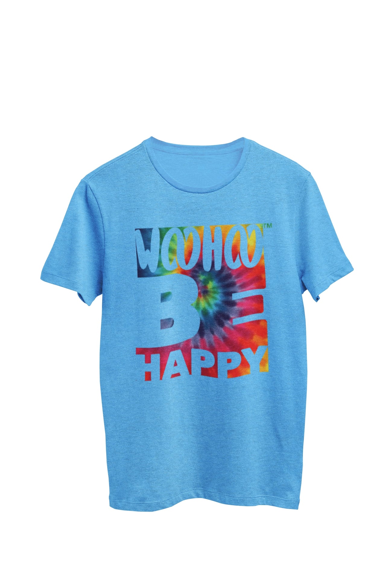 Light blue heather unisex t-shirt featuring the text 'Be Happy' in a tie-dye font. Designed by WooHoo Apparel.
