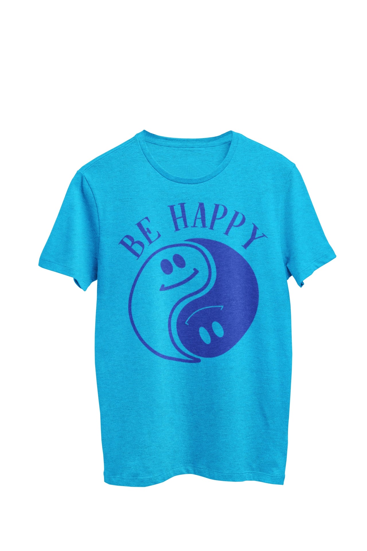 Light blue heather unisex t-shirt with the text 'Be Happy' in navy font, featuring a Yin Yang symbol with a smiley face. Designed by WooHoo Apparel.