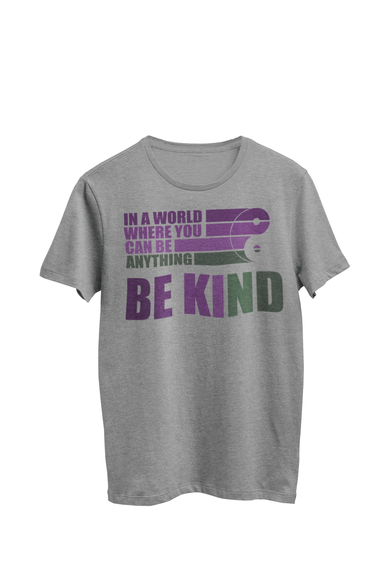 Gray heather unisex t-shirt featuring the text 'In a world where you can be anything Be Kind' in green and purple font. Designed by WooHoo Apparel.