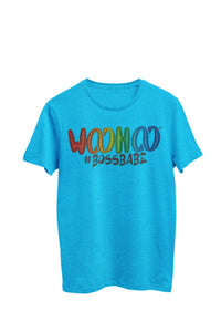 Thumbnail for Heather Light Blue Unisex T-shirt with the text 'Woohoo Boss Babe' designed by WooHoo Apparel.