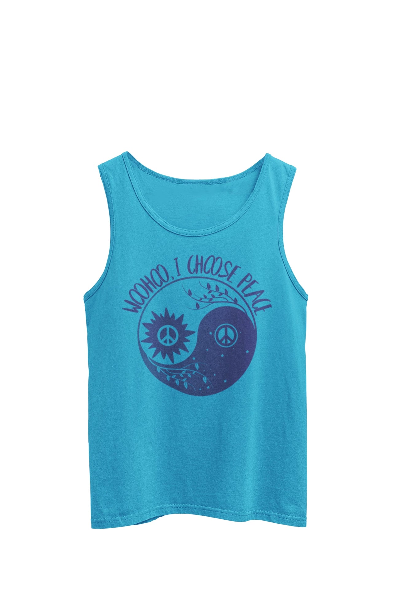 Heather light blue tank top featuring the text 'WooHoo, I Choose Peace', with a peace symbol within a Yin Yang design. Designed by WooHoo Apparel.
