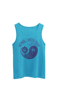 Thumbnail for Heather light blue tank top featuring the text 'WooHoo, I Choose Peace', with a peace symbol within a Yin Yang design. Designed by WooHoo Apparel.