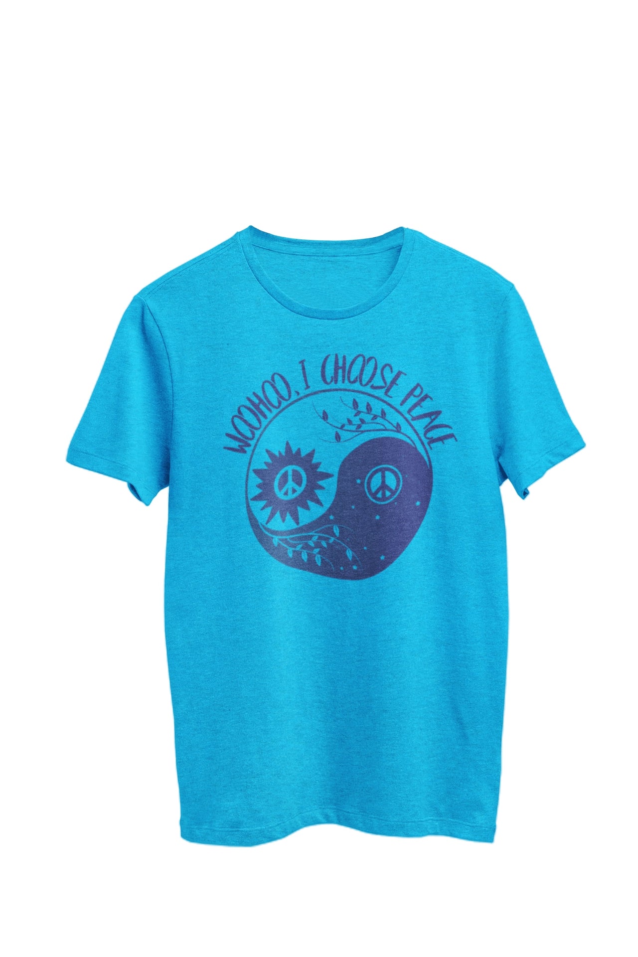 Heather light blue unisex tshirt featuring the text 'WooHoo, I Choose Peace', with a peace symbol within a Yin Yang design. Designed by WooHoo Apparel.