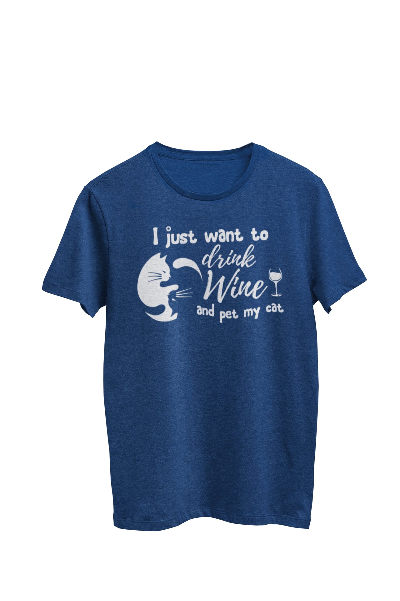 Heather Navy Unisex T-shirt featuring the text 'I just want to drink wine and pet my cat,' along with an endearing image of a cat nestled within a yin yang symbol, accompanied by a wine glass with a yin yang symbol on its stem. Designed by WooHoo Apparel