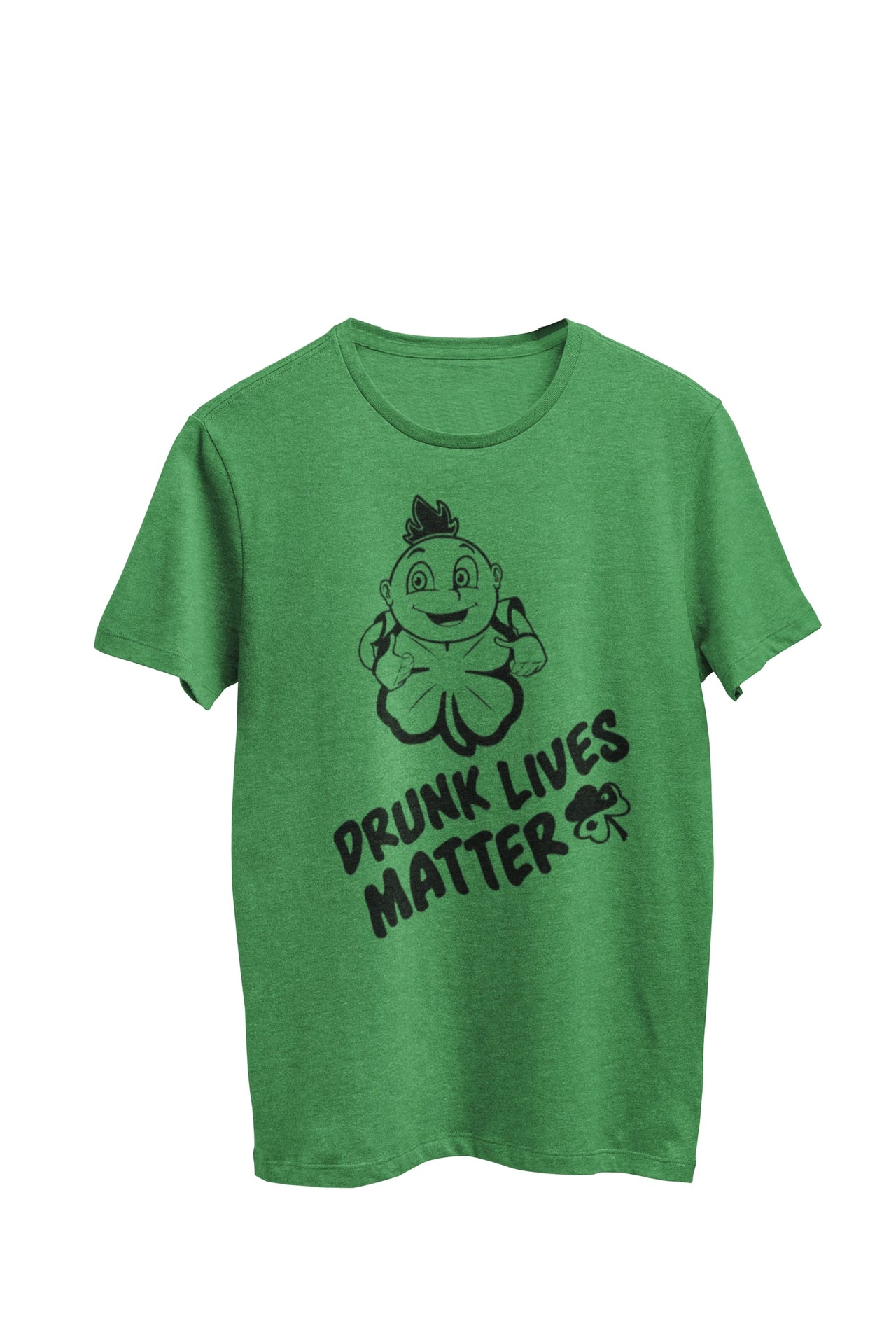 Green Heather Unisex T-shirt with the text 'Drunk Lives Matter.' The design includes a Woohooberry and a 4-leaf clover, created by WooHoo Apparel.