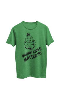 Thumbnail for Green Heather Unisex T-shirt with the text 'Drunk Lives Matter.' The design includes a Woohooberry and a 4-leaf clover, created by WooHoo Apparel.