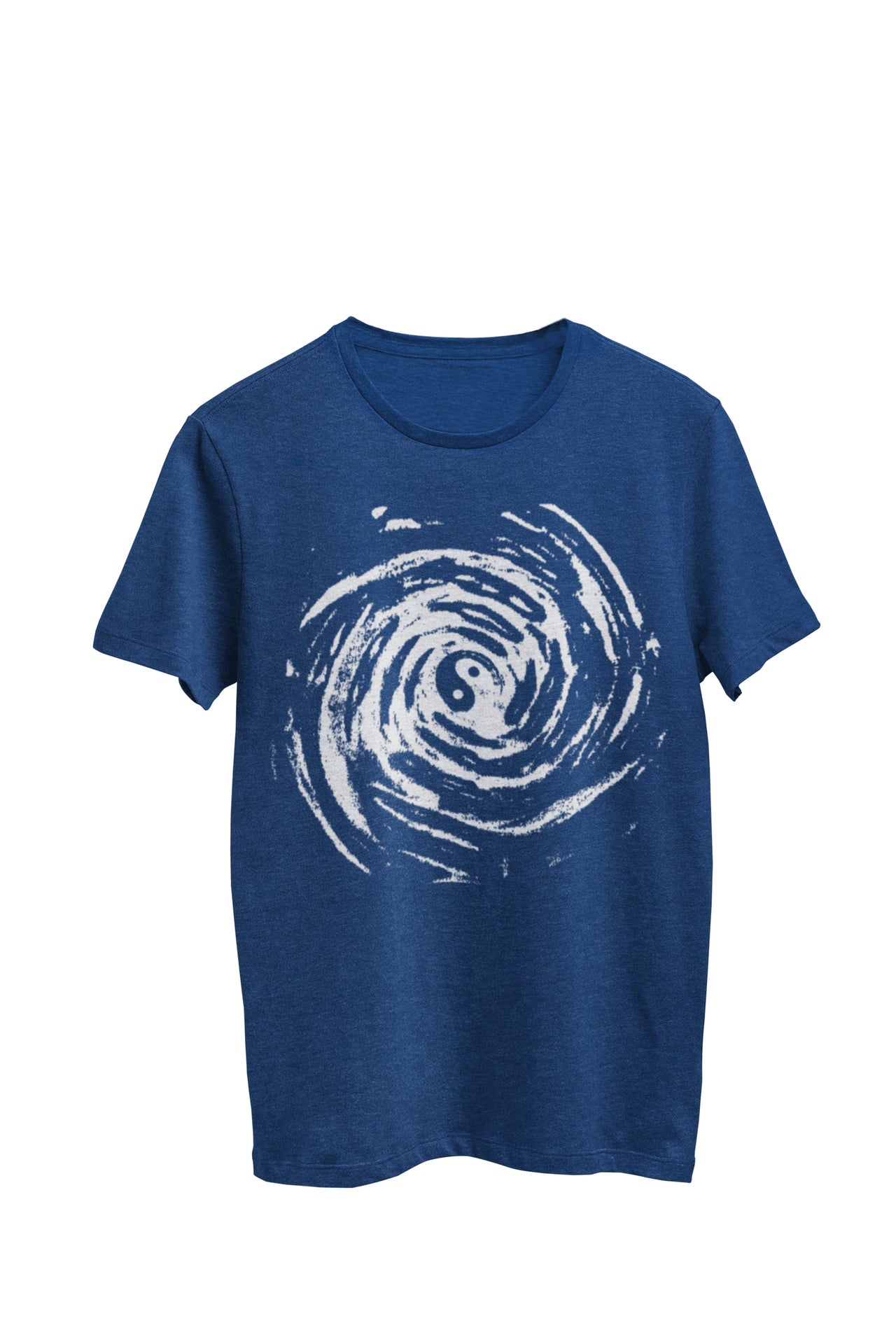 Navy heather unisex t-shirt featuring a white Yin Yang design. Designed by WooHoo Apparel