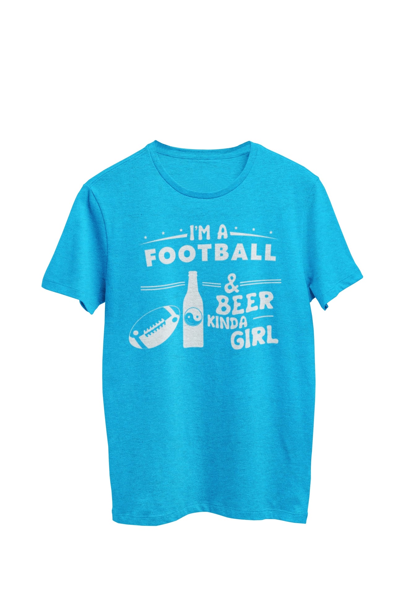 Turquoise Heather Unisex T-shirt with the text: 'I'm a football and beer kinda girl.' The design includes an image of a beer bottle with a yin yang symbol and a yin yang football, created by WooHoo Apparel.