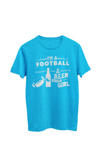 Thumbnail for Turquoise Heather Unisex T-shirt with the text: 'I'm a football and beer kinda girl.' The design includes an image of a beer bottle with a yin yang symbol and a yin yang football, created by WooHoo Apparel.