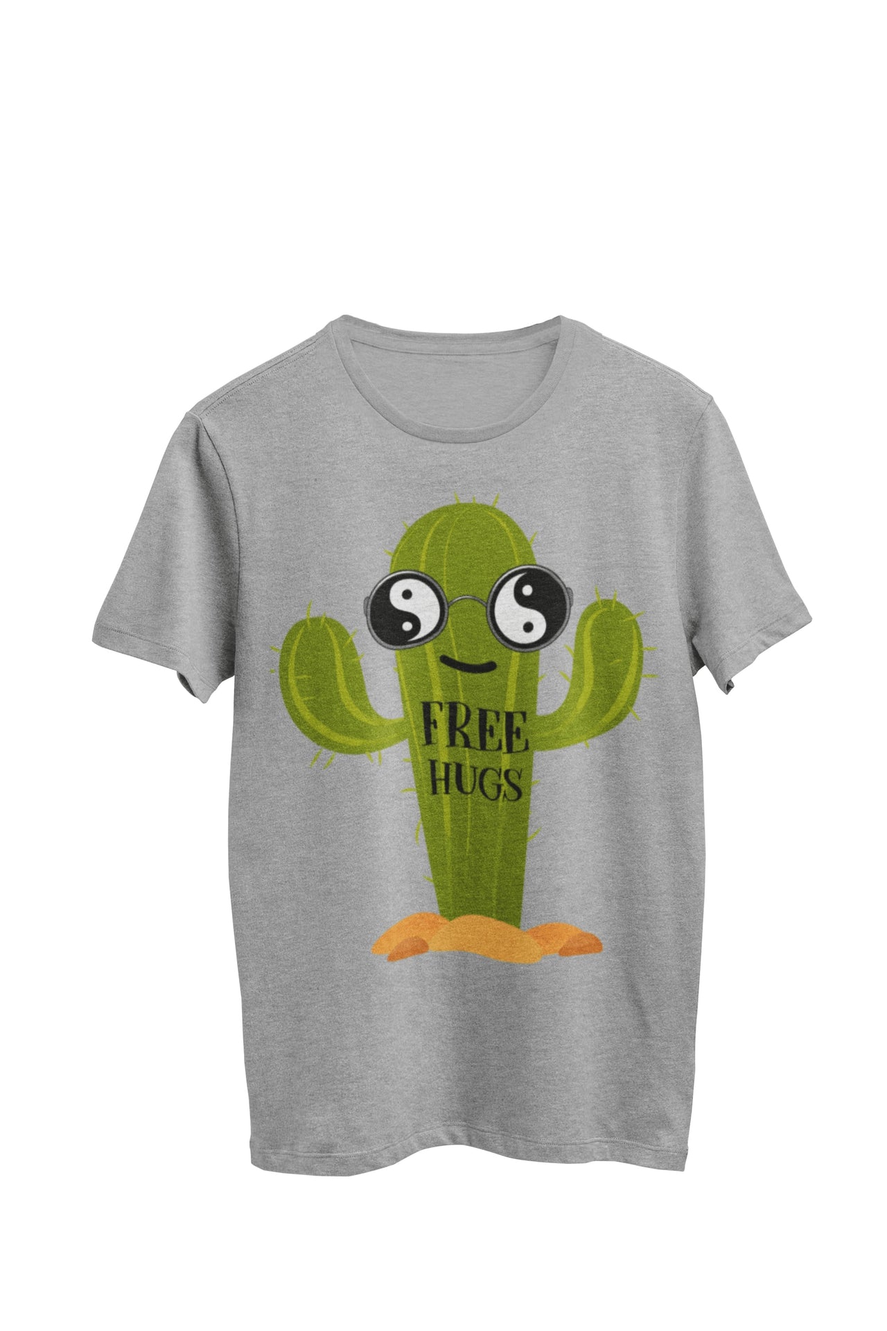 Gray heather unisex t-shirt featuring a fun-loving 'Free Hug' design, with a cactus wearing Yin Yang sunglasses to hug. Designed by WooHoo Apparel.
