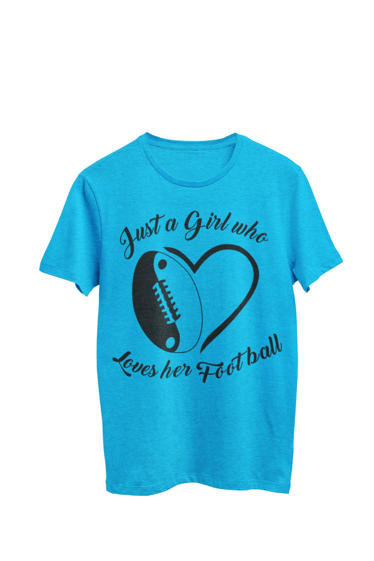 Turquoise Heather Unisex T-shirt with the text 'Just a girl that loves her football,' encircling a yin yang football with a heart. Designed by WooHoo Apparel.