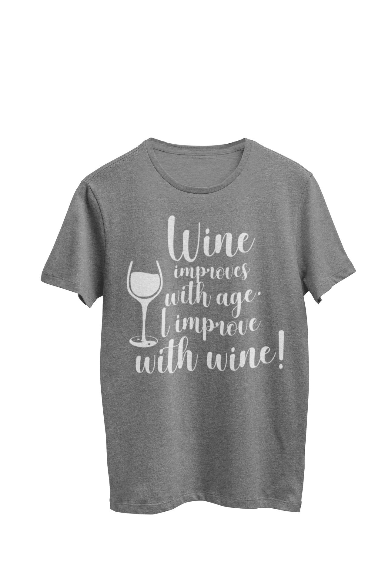 Gray Heather Unisex T-shirt with the text 'Wine improves with age, I improve with wine,' complemented by an image of a wine glass with a yin yang symbol on the stem. Designed by WooHoo Apparel.