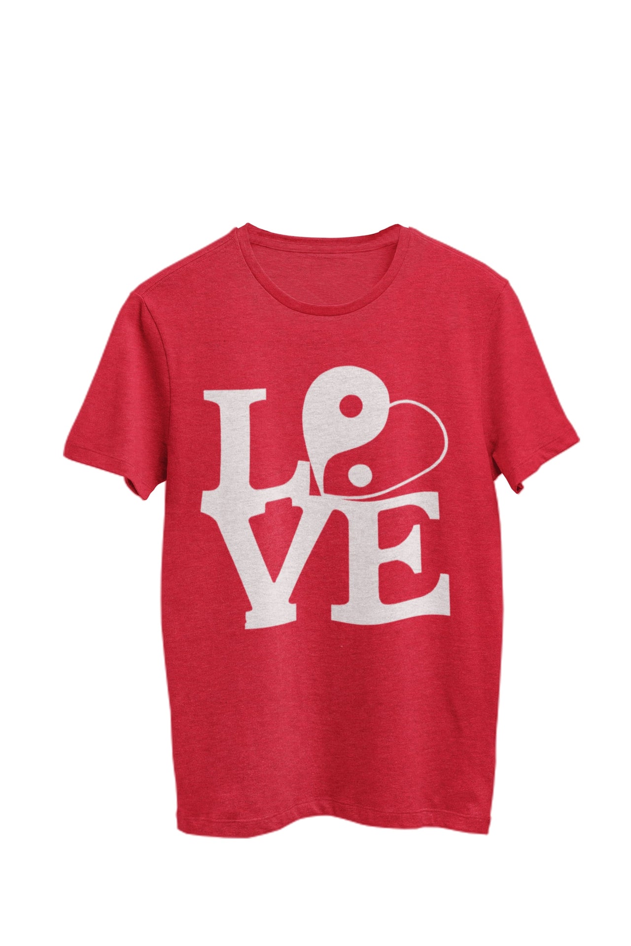 Red heather unisex t-shirt featuring the Love logo, a Yin Yang heart design. Designed by WooHoo Apparel.