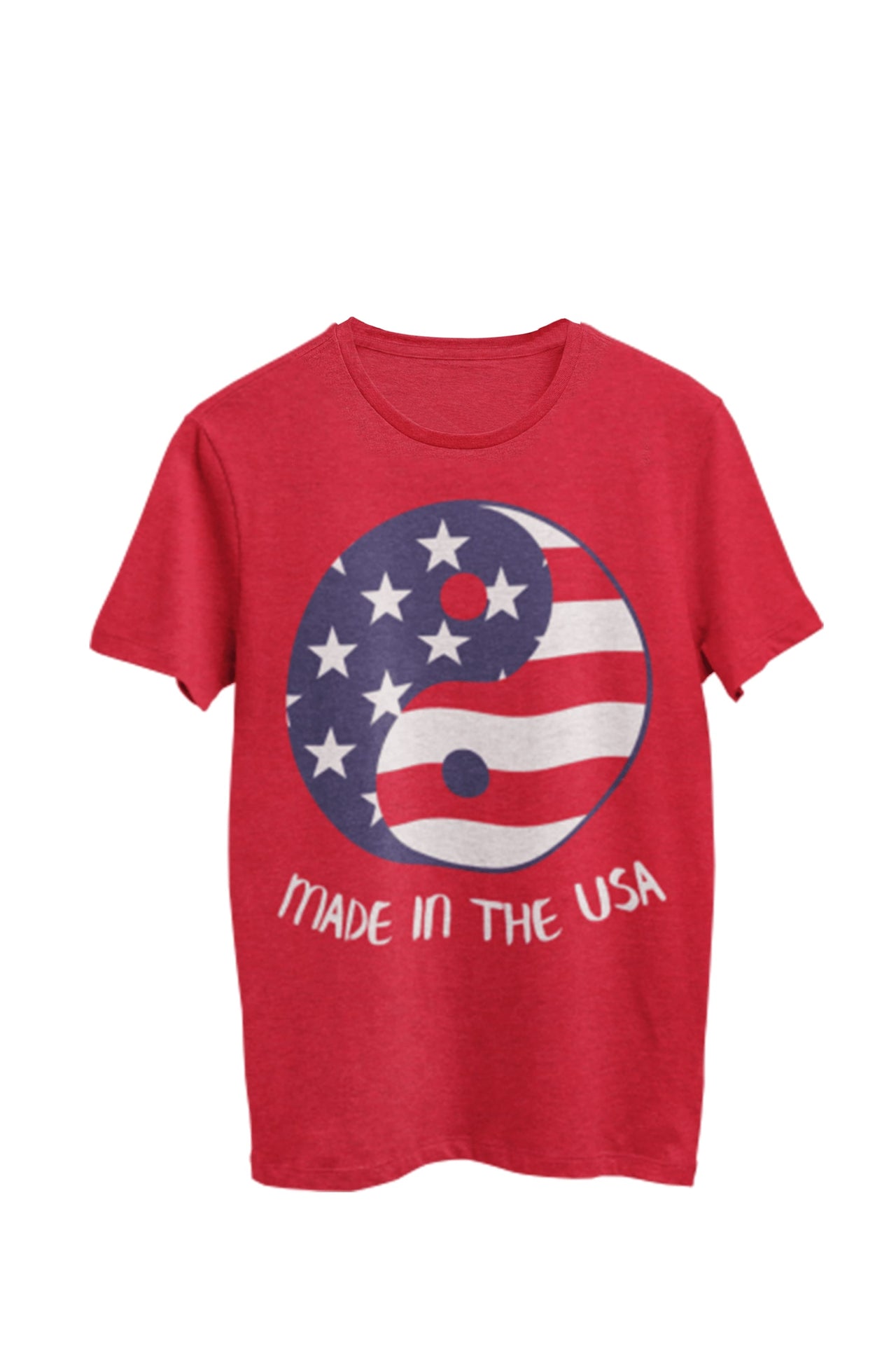 Red heather unisex t-shirt featuring a red, white, and blue Yin Yang flag symbol and the words 'Made in the USA'. Designed by WooHoo Apparel