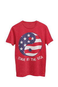 Thumbnail for Red heather unisex t-shirt featuring a red, white, and blue Yin Yang flag symbol and the words 'Made in the USA'. Designed by WooHoo Apparel