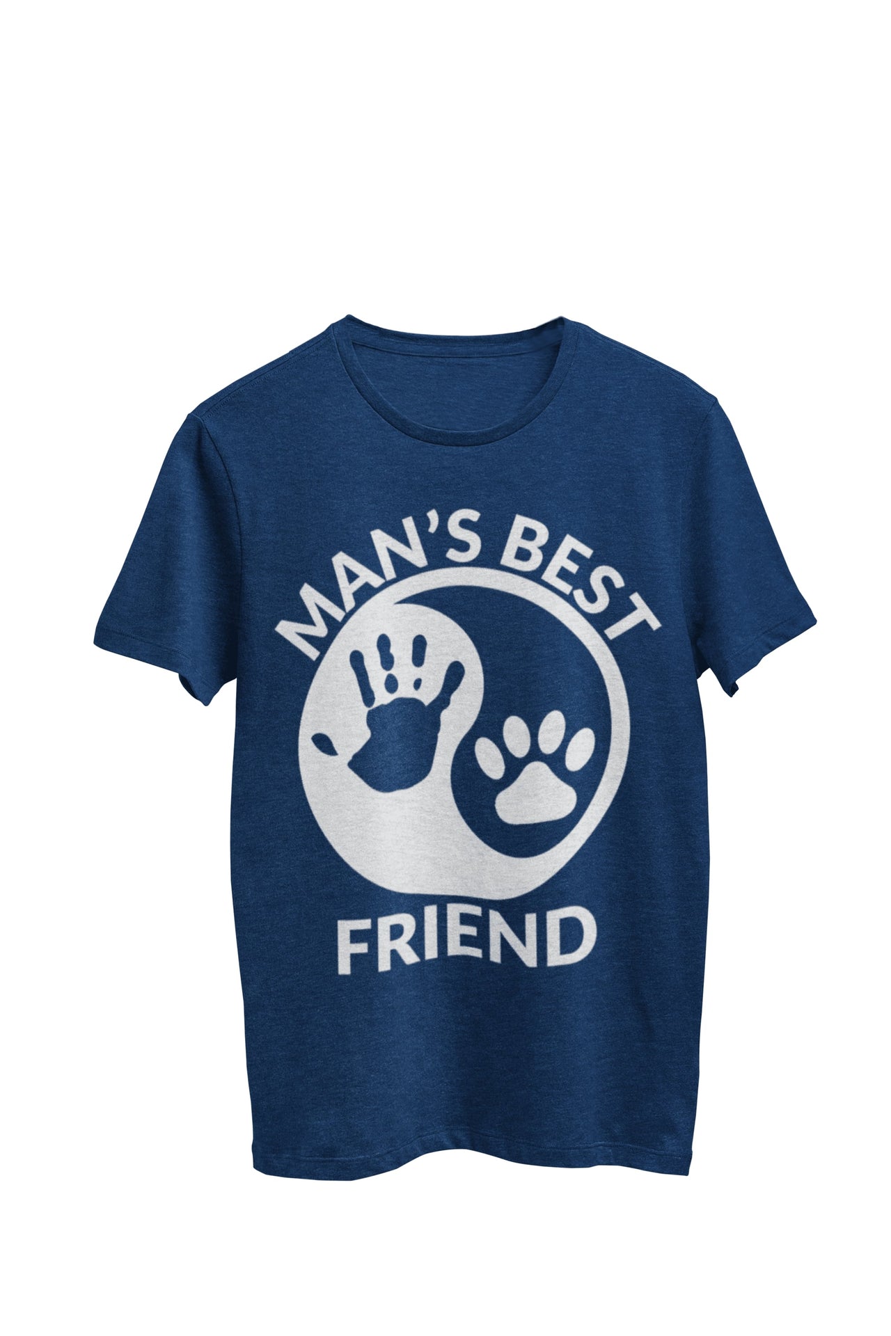 Navy Heather Unisex T-shirt with the text 'man's best friend,' depicting a yin yang symbol with a human handprint on one side and a paw print on the other. Designed by WooHoo Apparel.