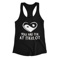 Thumbnail for Racerback Shirt with heart yin yang symbol and text 'you had me at merlot,' designed by WooHoo Apparel.