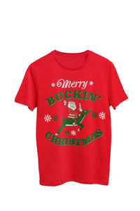 Thumbnail for Red Heather Unisex T-shirt featuring an illustration of Santa riding a reindeer with the text 'Merry Buckin' Christmas.' Designed by WooHoo Apparel.