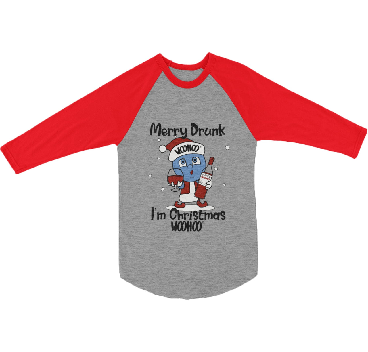 Raglan 3/4 red sleeve T-shirt featuring the text 'Merry Drunk I'm Christmas Woohoo,' designed by WooHoo Apparel. The design includes Woohooberry dressed in an elf outfit, holding a wine bottle and wine glass