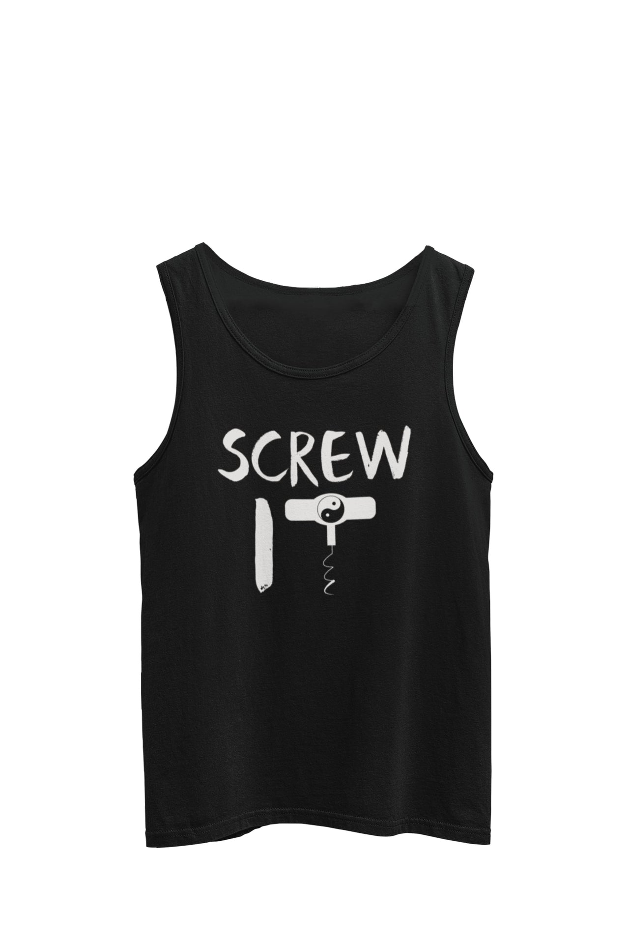Black tank top tee with text 'screw it' and a cork screw T forming a yin yang symbol, by WooHoo Apparel.