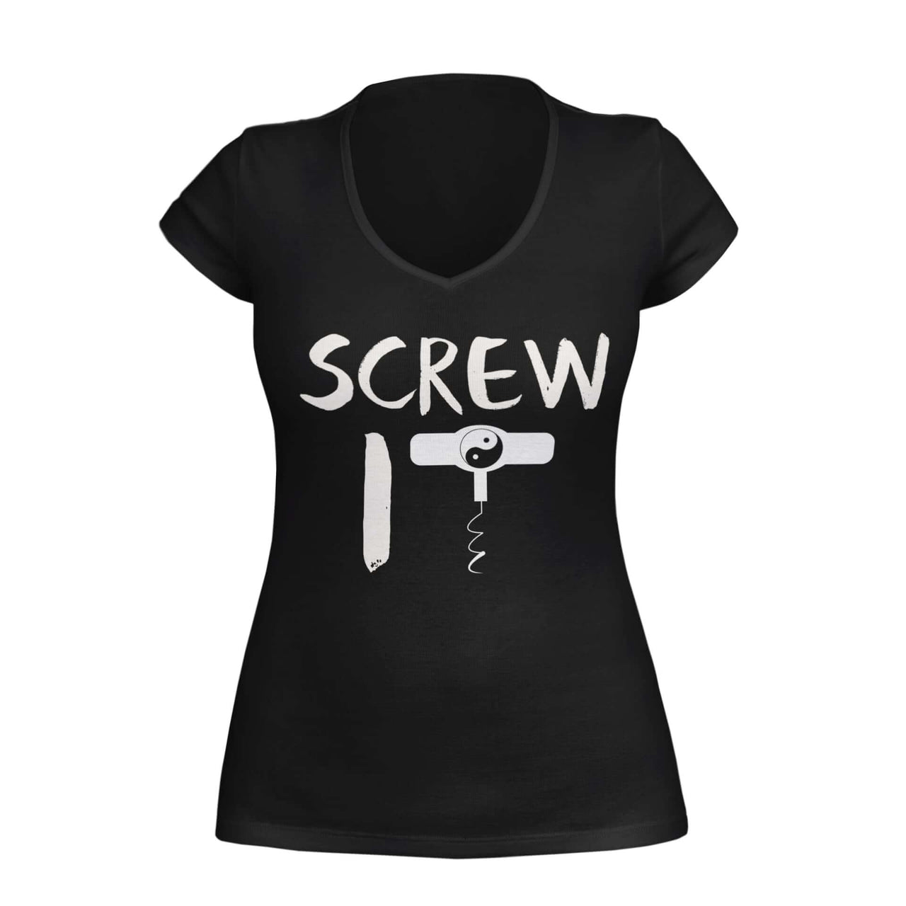 Black VNeck with text 'screw it' and a cork screw T forming a yin yang symbol, by WooHoo Apparel.
