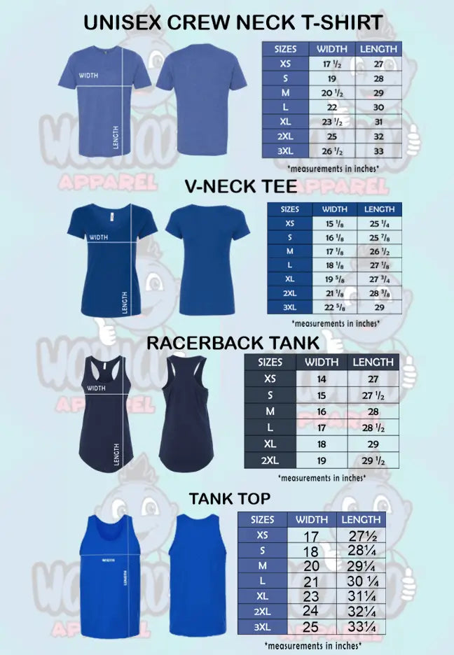 Size Charts  for WooHoo Apparel
