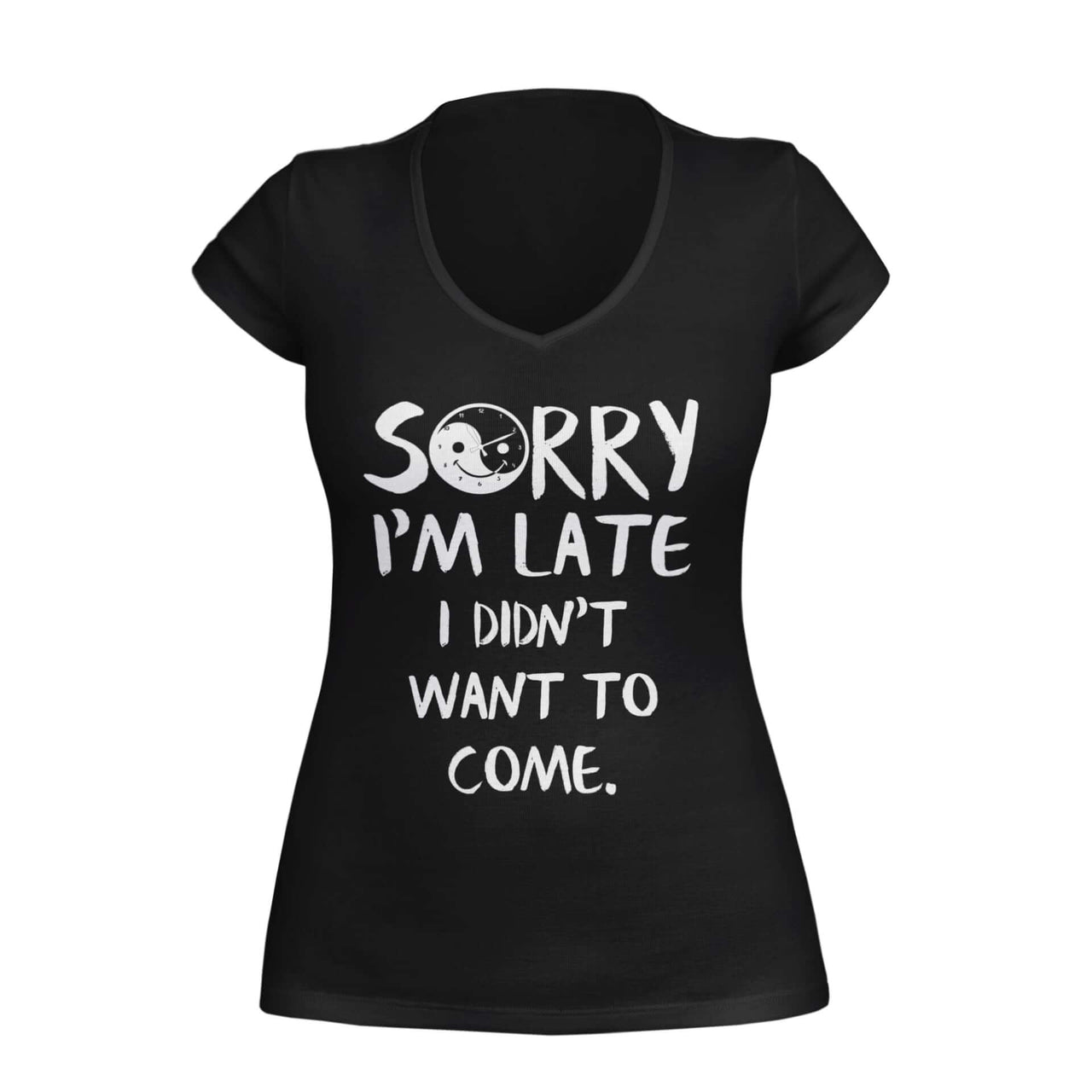 VNeck t-shirt featuring the text 'Sorry I am late, I didn't want to come', with a Yin Yang symbol smiling in the 'o'. Designed by WooHoo Apparel.