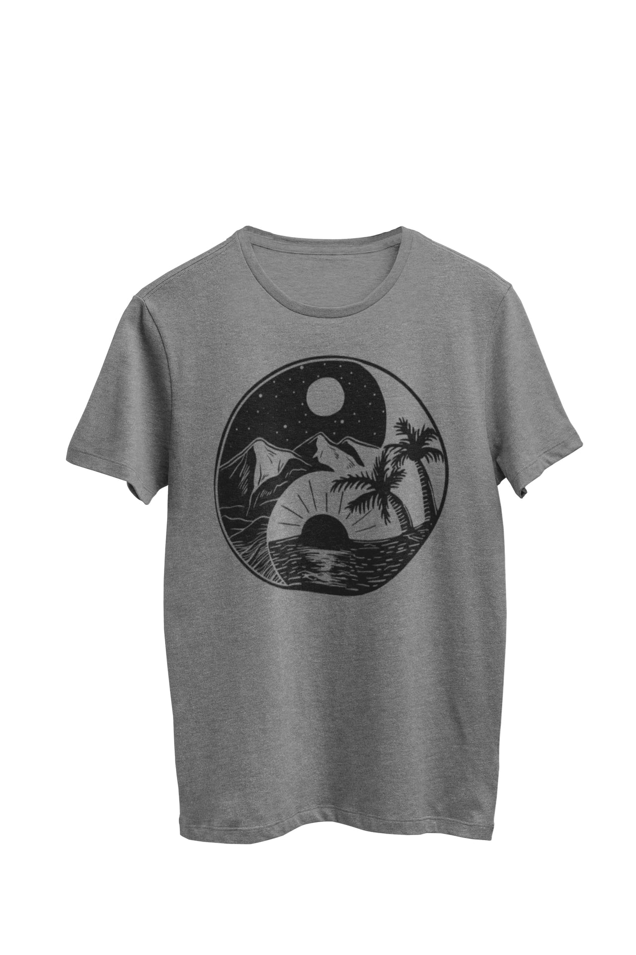 Gray heather unisex t-shirt featuring a dual-season design: a summer ocean view on one side and a winter mountain on the other, both encompassing a Yin/Yang symbol. Designed by WooHoo Apparel.
