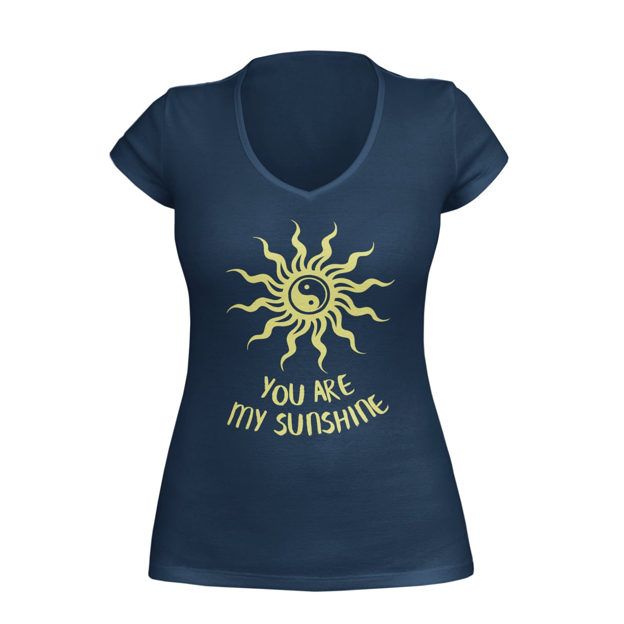 Navy Womens VNeck featuring a Yin Yang sun with bold rays and the text 'You are my sunshine', designed by WooHoo Apparel.