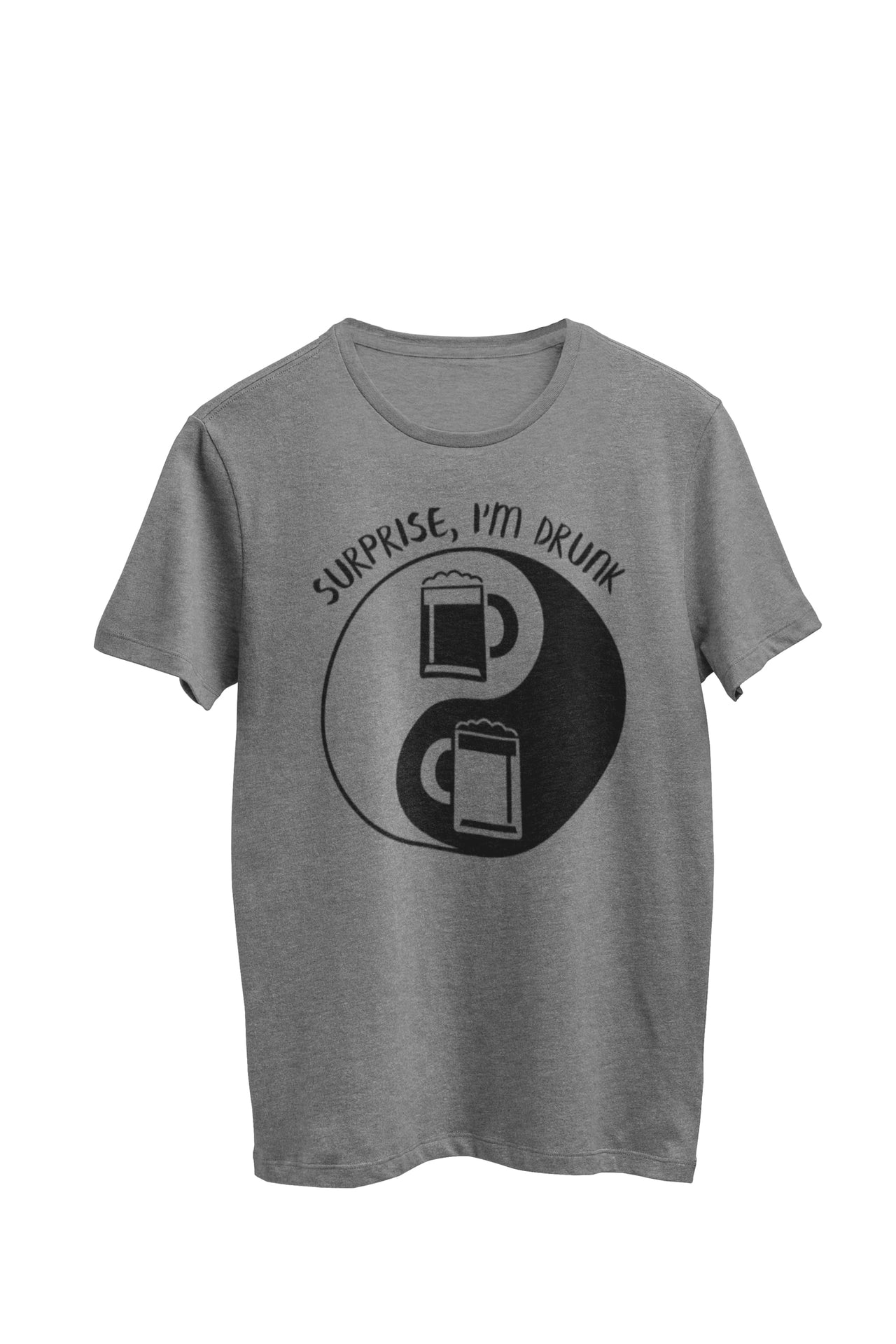 Heather Gray Unisex Tee featuring a Yin Yang symbol with beer mugs, designed by WooHoo Apparel. The text reads 'Surprise, I'm drunk.