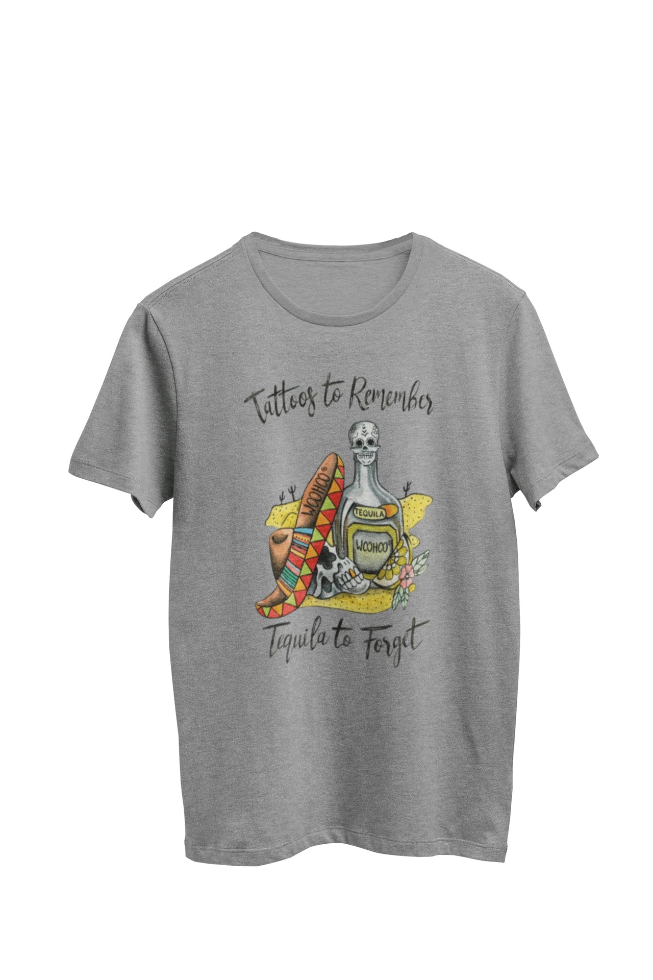  Gray Heather Unisex T-shirt with text 'Tattoos to Remember, Tequila to Forget' featuring a tequila bottle with a skull and sombrero. Created by WooHoo Apparel.