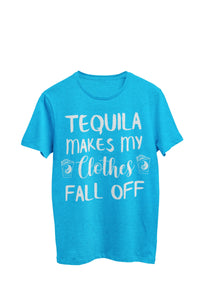Thumbnail for Heather Turquoise Unisex T-shirt featuring the text 'Tequila makes my clothes fall off,' accompanied by an image of a shot glass with a yin yang symbol on each side of the words. Designed by WooHoo Apparel.