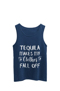 Thumbnail for  Navy Tank top featuring the text 'Tequila makes my clothes fall off,' accompanied by an image of a shot glass with a yin yang symbol on each side of the words. Designed by WooHoo Apparel.