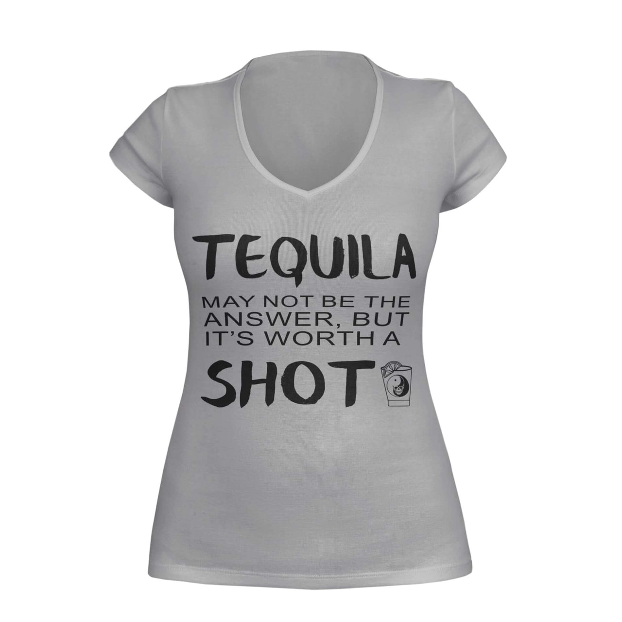 Gray V-Neck T-shirt with text: 'Tequila may not be the answer, but it's worth a shot.' The design features a shot glass with a yin yang symbol, created by WooHoo Apparel. 