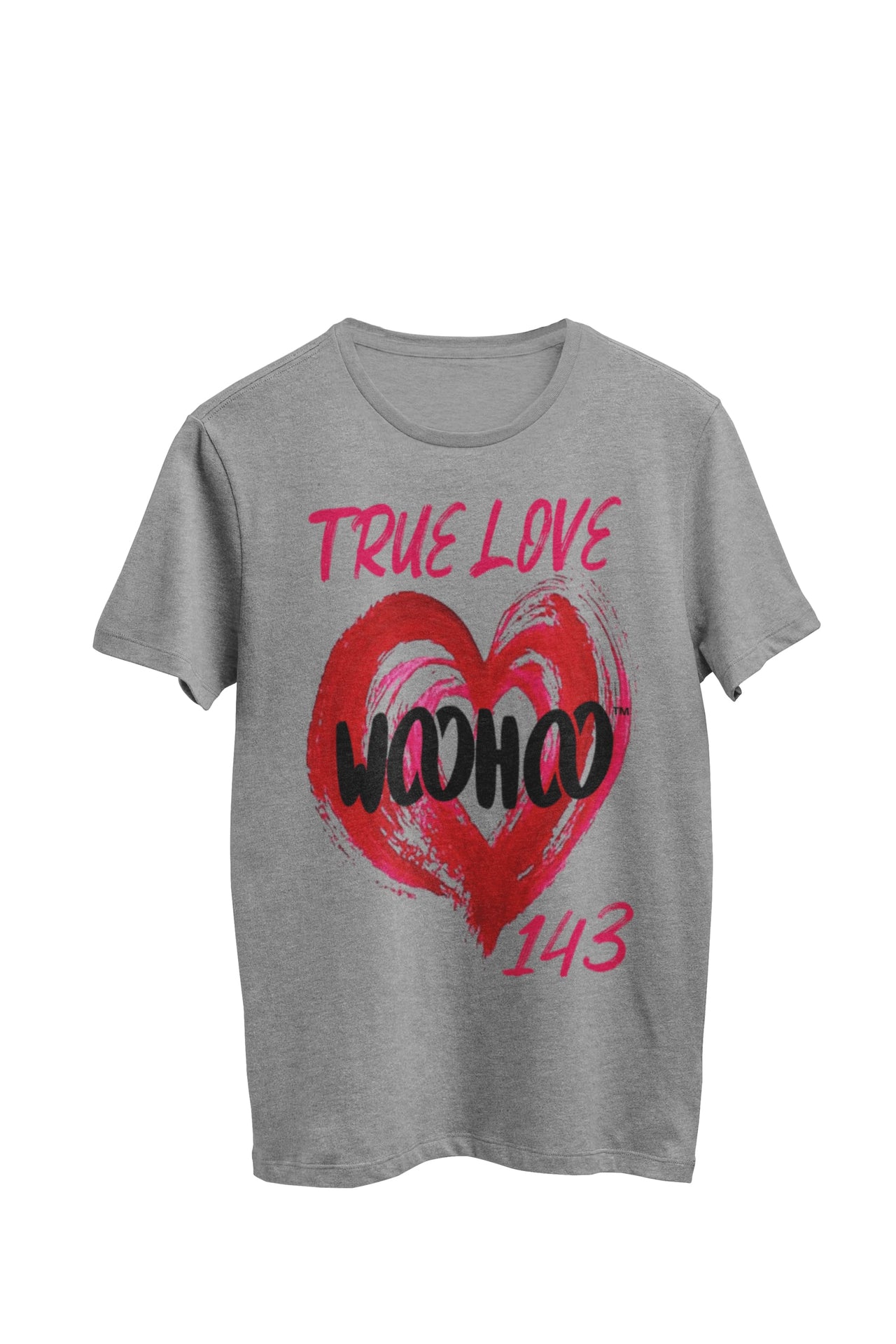 Gray heather unisex t-shirt featuring the texts 'True Love', '143', and 'woohoo' written on an artsy heart. Designed by WooHoo Apparel.