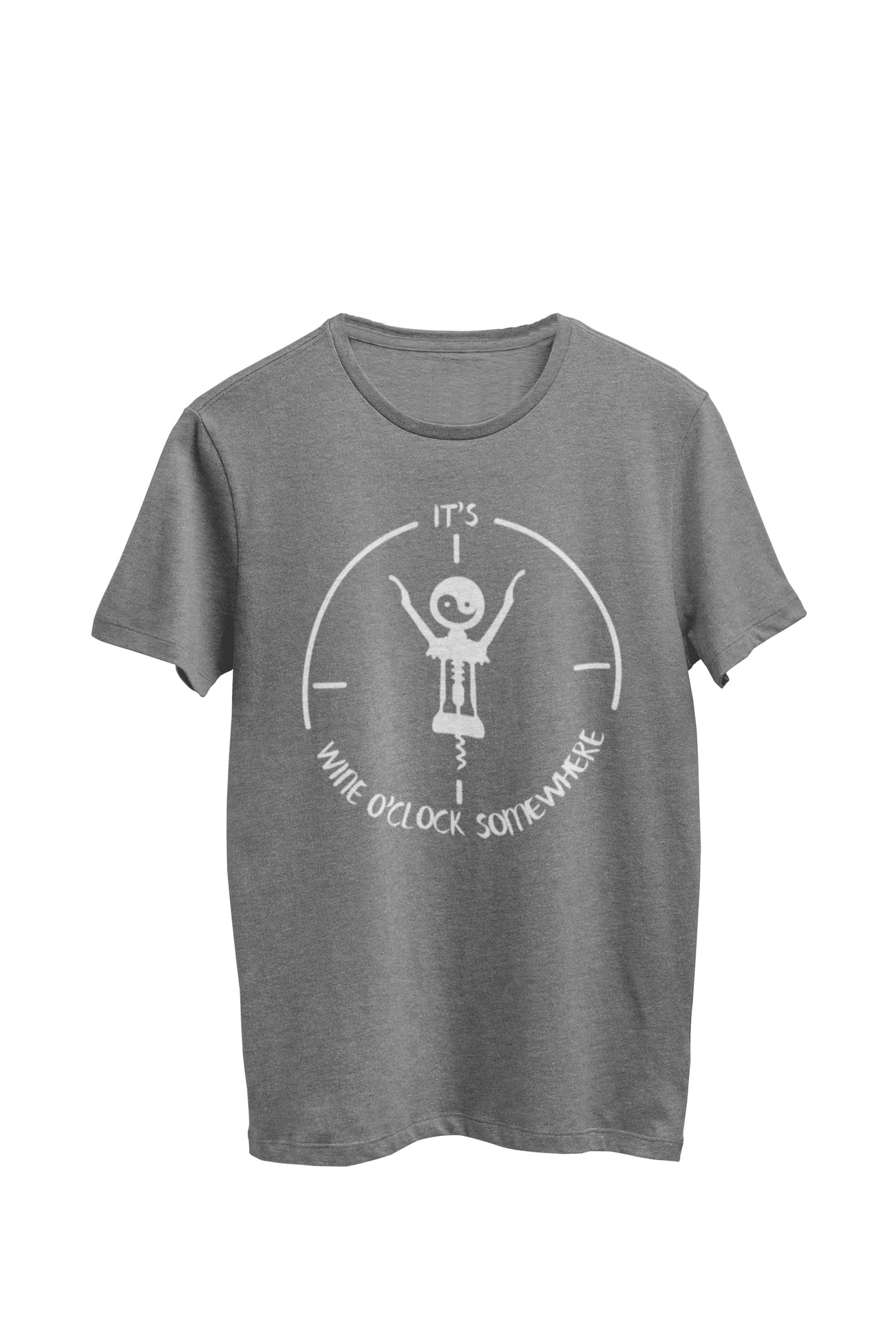 Gray Heather Unisex T-shirt featuring the text 'It's wine o'clock somewhere,' accompanied by an image of a wine cork as the hands of a clock, with a yin yang symbol on the face. Designed by WooHoo Apparel.