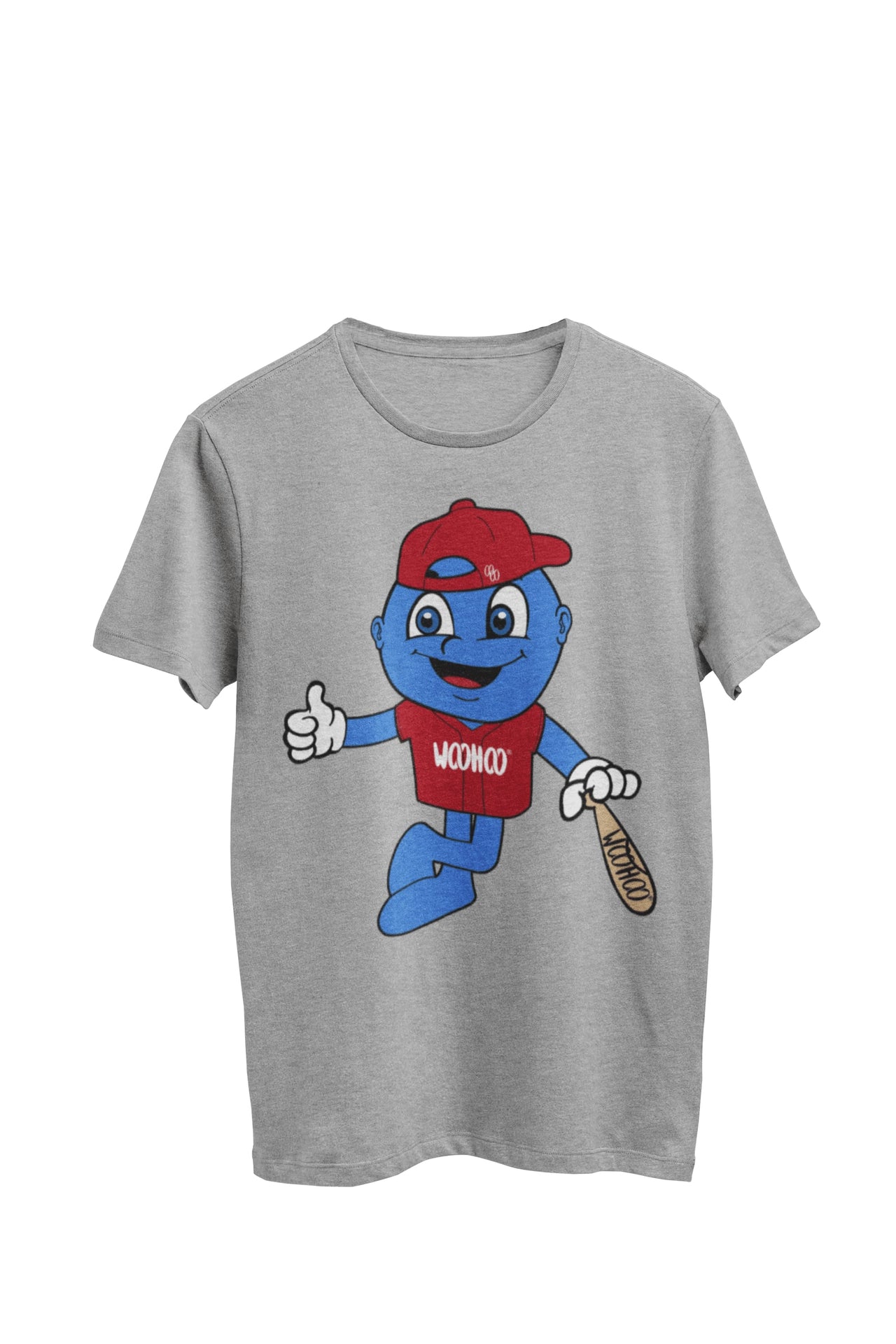 WooHooBerry, a baseball player, sporting a baseball uniform shirt with the inscription 'WooHoo,' casually leaning on a baseball bat that bears the text 'WooHoo.' His baseball cap is worn backwards, featuring the WooHoo Apparel logo. The gray T-shirt seamlessly blends with the sporty scene.