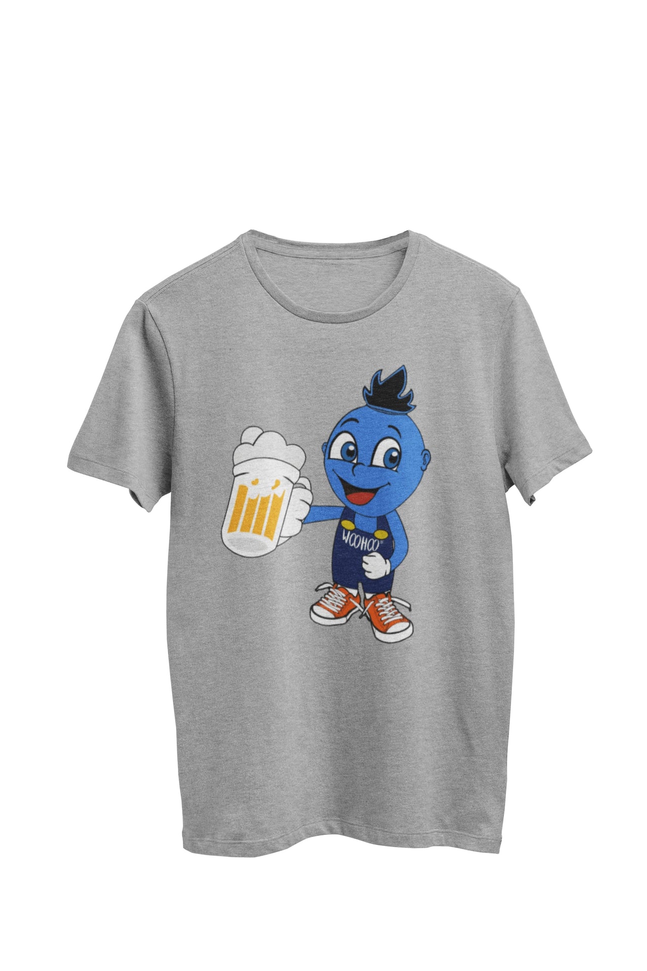 WooHooBerry celebrating enthusiastically with a beer in hand, adorned in blue overalls that prominently feature the text 'WooHoo.' The gray T-shirt adds to the lively and festive ambiance of the moment