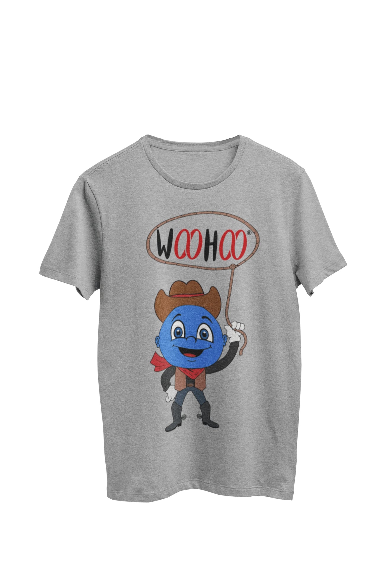 WooHooBerry dressed in a cowboy outfit, confidently swinging a lasso above their head to form the word 'WooHoo.' The gray T-shirt complements the spirited Western-themed scene.