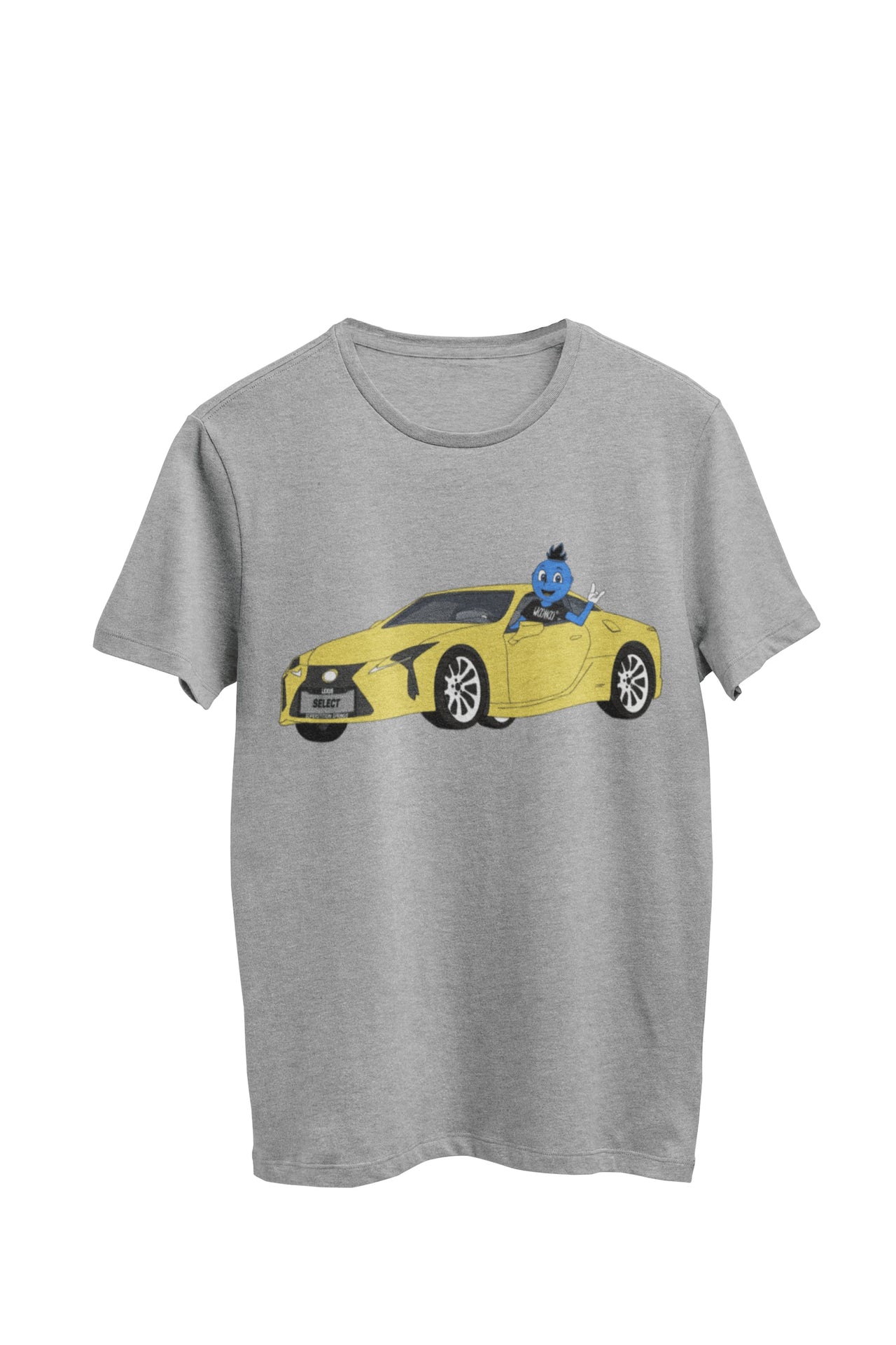 WooHooBerry cruising in a vibrant yellow sports car, extending a wave out of the window. The license plate proudly reads 'WooHoo.' The gray T-shirt resonates with the dynamic and spirited scene.