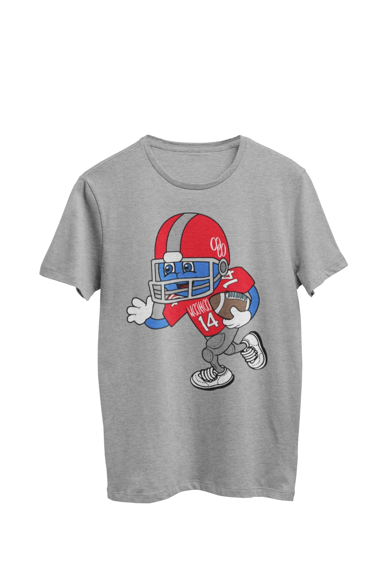 WooHooBerry dressed in a spirited red football uniform, sporting the number 14 for Team WooHoo. Their helmet proudly features the WooHoo Apparel logo. The gray T-shirt harmonizes with the energetic and team-spirited atmosphere.