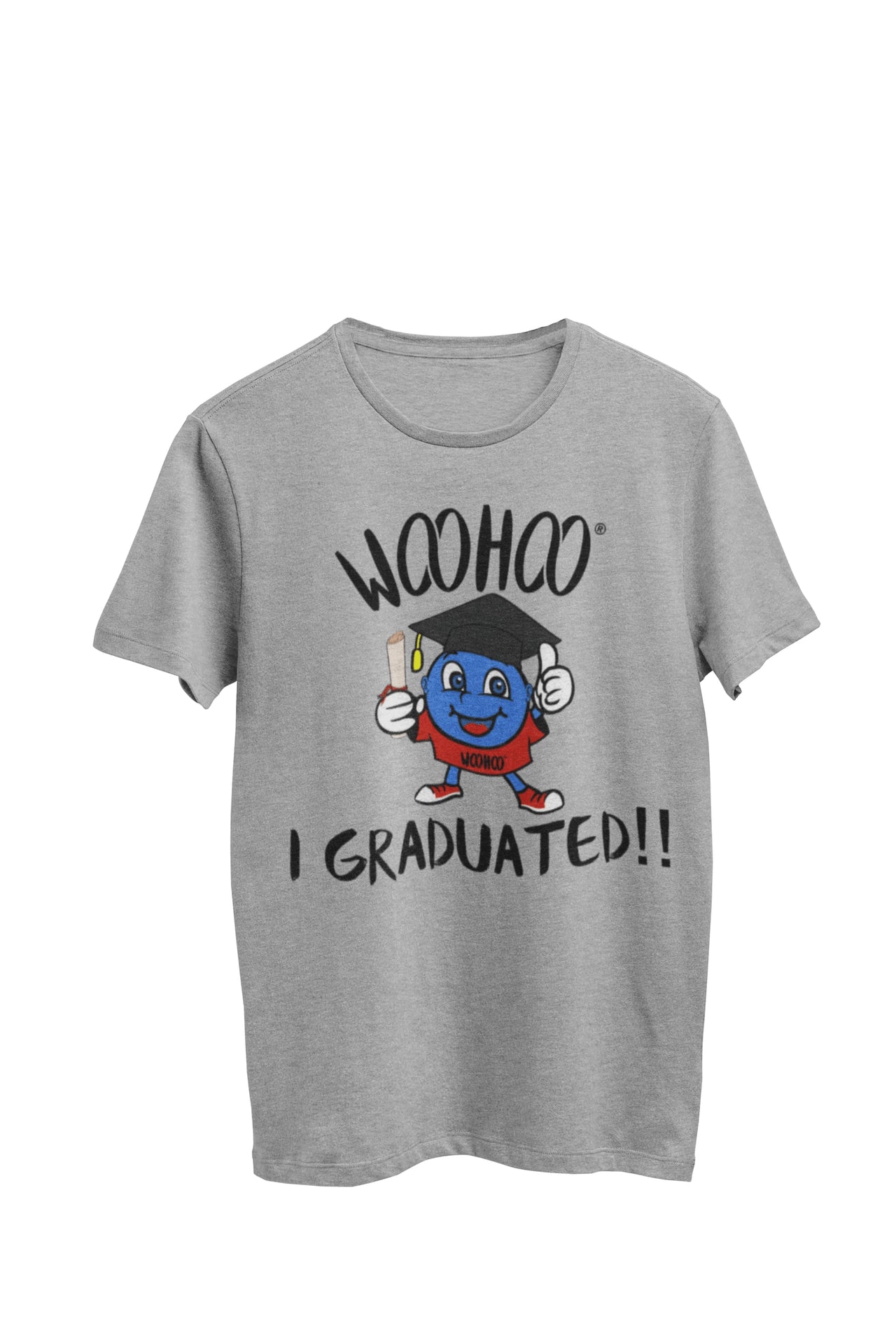 WooHooBerry showcasing the text 'WooHoo I graduated,' accompanied by an illustration of the Woohooberry character donning a cap and gown. The gray T-shirt seamlessly complements the celebratory achievement.