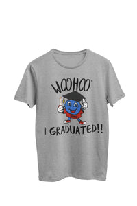 Thumbnail for WooHooBerry showcasing the text 'WooHoo I graduated,' accompanied by an illustration of the Woohooberry character donning a cap and gown. The gray T-shirt seamlessly complements the celebratory achievement.